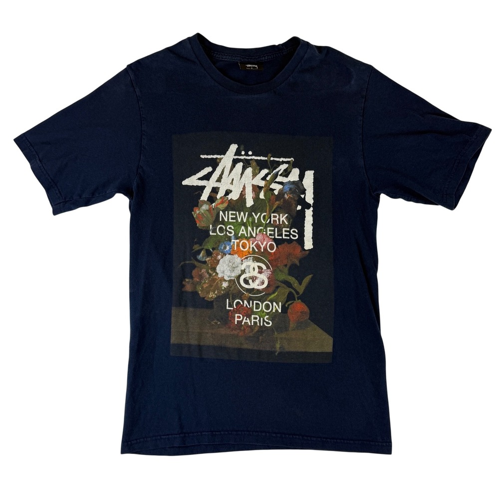 Stussy Graphic T-Shirt Mens Small Navy Blue‎ Floral World Tour Cities Tee